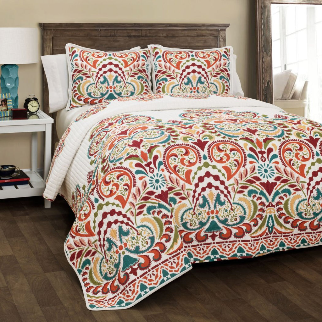 Rainbow Bohemian Theme Quilt Set Damask Scroll Floral Motif Bedding Vibrant Boho Chic Flower Themed Pattern Red