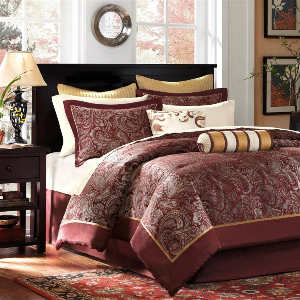 Maroon Luxury Paisley Pattern Comforter Set Eye Catching Motif Floral Design Bedding Bohemian Hippie Flowers Traditional