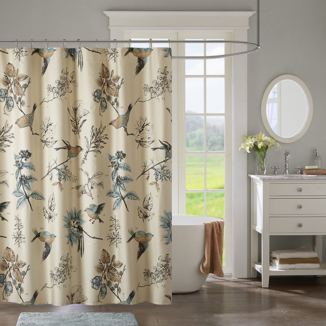 Mission Creek Khaki Printed Cotton Shower Curtain Blue Brown