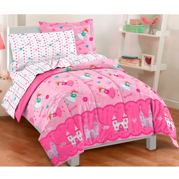 Girls Pink Magical Princess Themed Comforter Twin Set Cute Flying Fairies Bedding Castles Flowers Princesses Fairys Florals Hearts Stars Teal Blue - Diamond Home USA