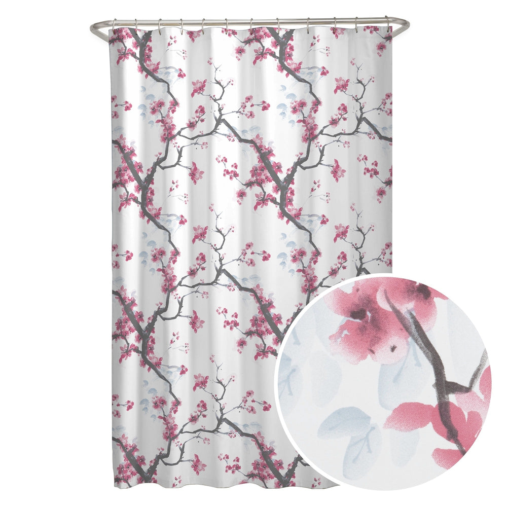 Cherrywod Fabric Shower Curtain Pink White Floral Nature Bohemian Eclectic Oriental Vintage Polyester