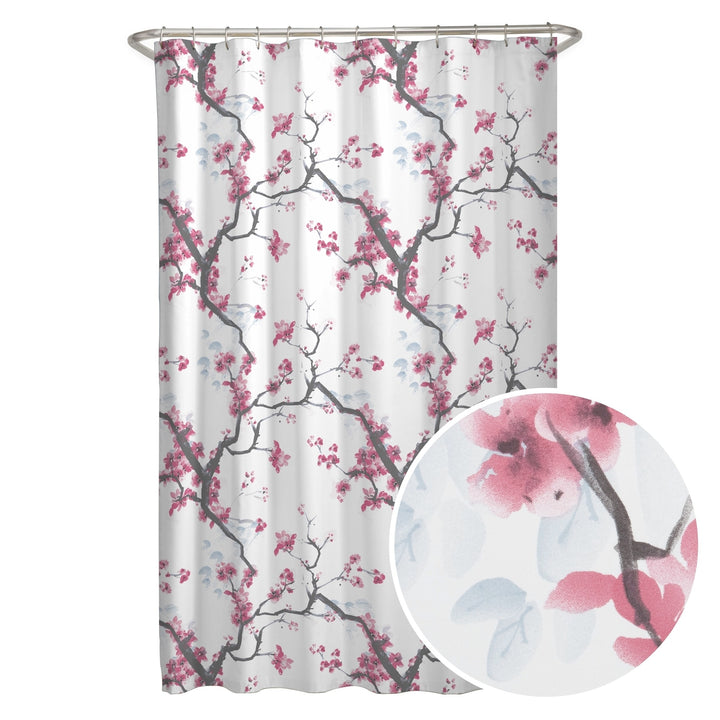 Cherrywod Fabric Shower Curtain Pink White Floral Nature Bohemian Eclectic Oriental Vintage Polyester