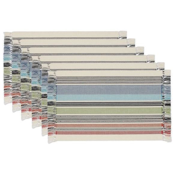 Blue Green Red Stripes Pattern Placemats Set Horizontal Rugby Stripe Inspired Design Rectangle Shape Place Mats Fringed Design Borders Features - Diamond Home USA