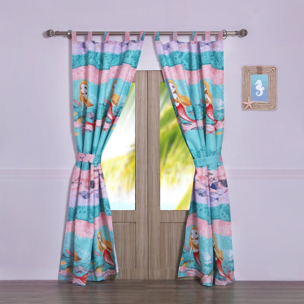 NA Aqua Pink Pretty Mermaids Window Curtain Set 84 Inch Red Mythical Creatures Drape Fishes Coral Seaweed Underwater Fantasy Light Filtering