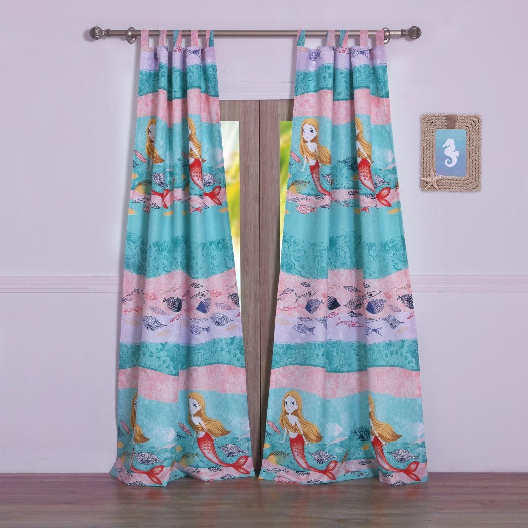 NA Aqua Pink Pretty Mermaids Window Curtain Set 84 Inch