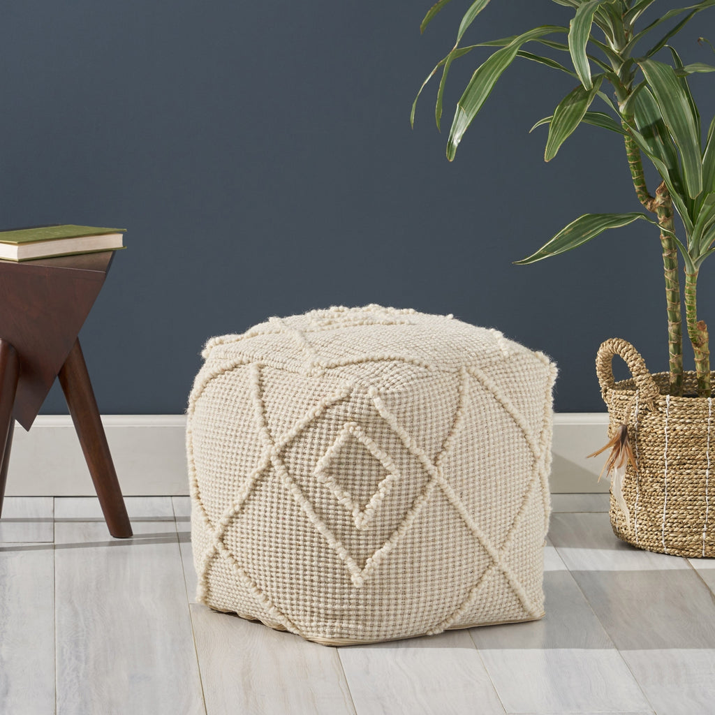 Merton Boho Wool and Cotton Ottoman Pouf by Ivory Modern Contemporary Pattern Square Handmade - Diamond Home USA