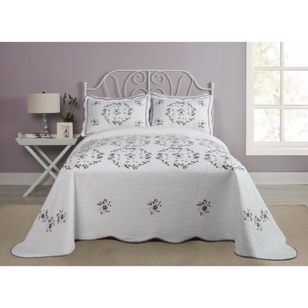 Green Off White Country Floral Oversized Bedspread Purple