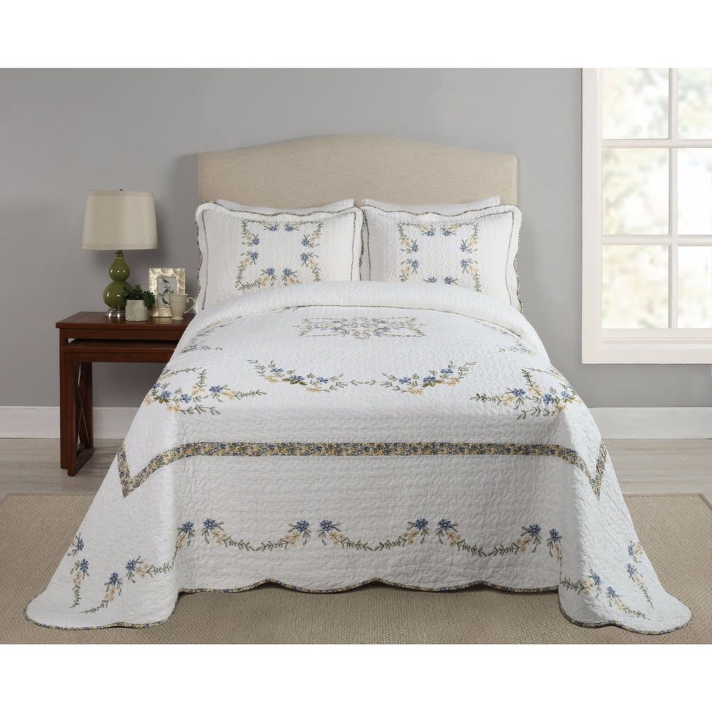 Floral Oversized Bedspread Classic Pattern Bedding Vintage Embroidered Flowers Bordered Hangs Floor Extra Long Wide Cotton Polyester