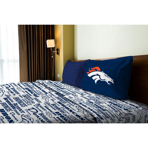 NFL Broncos Anthem Sheet Twin Set Football Themed Bedding Sports Patterned Team Logo Fan Merchandise Athletic Team Spirit Fan Blue Orange White - Diamond Home USA