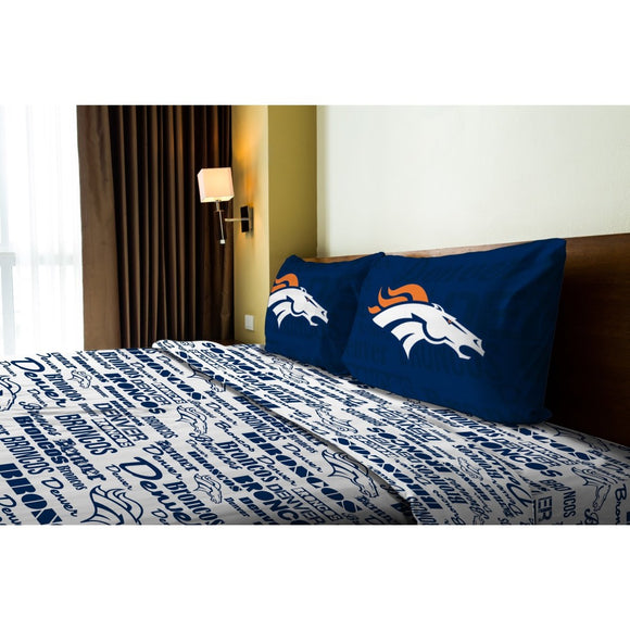 NFL Broncos Anthem Sheet Full Set Football Themed Bedding Sports Patterned Team Logo Fan Merchandise Athletic Team Spirit Fan Blue Orange White - Diamond Home USA