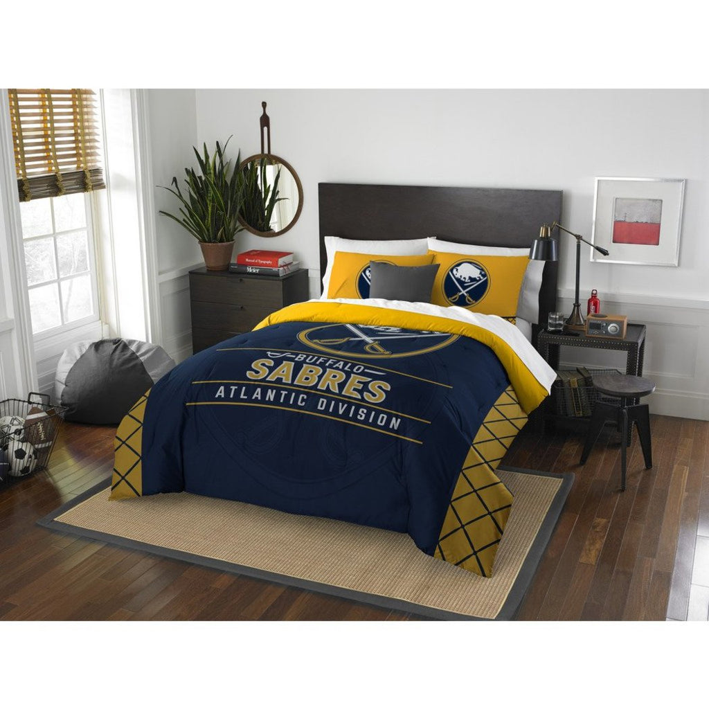 Hockey League Sabres Comforter Full Queen Set Sports Patterned Bedding Team Logo Fan Merchandise Athletic Team Spirit White Gold Blue Silver Polyester - Diamond Home USA