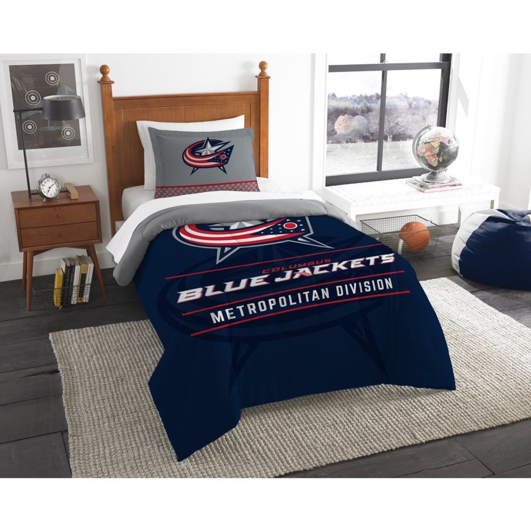 Hockey League Blue Jackets Comforter Twin Set Sports Patterned Bedding Team Logo Fan Merchandise Athletic Team Spirit Navy Red Silver White Polyester - Diamond Home USA