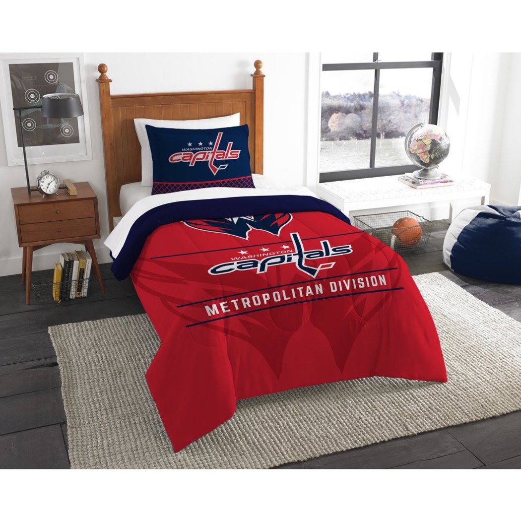 Hockey League Capitals Comforter Twin Set Sports Patterned Bedding Team Logo Fan Merchandise Athletic Team Spirit Red White Blue Polyester Unisex - Diamond Home USA