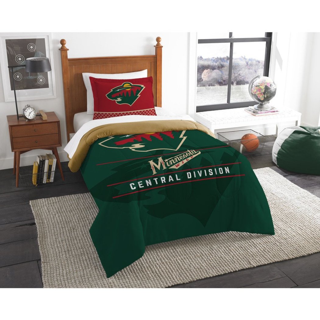 Hockey League Wild Comforter Twin Set Sports Patterned Bedding Team Logo Fan Merchandise Athletic Team Spirit Green Red Polyester Unisex - Diamond Home USA