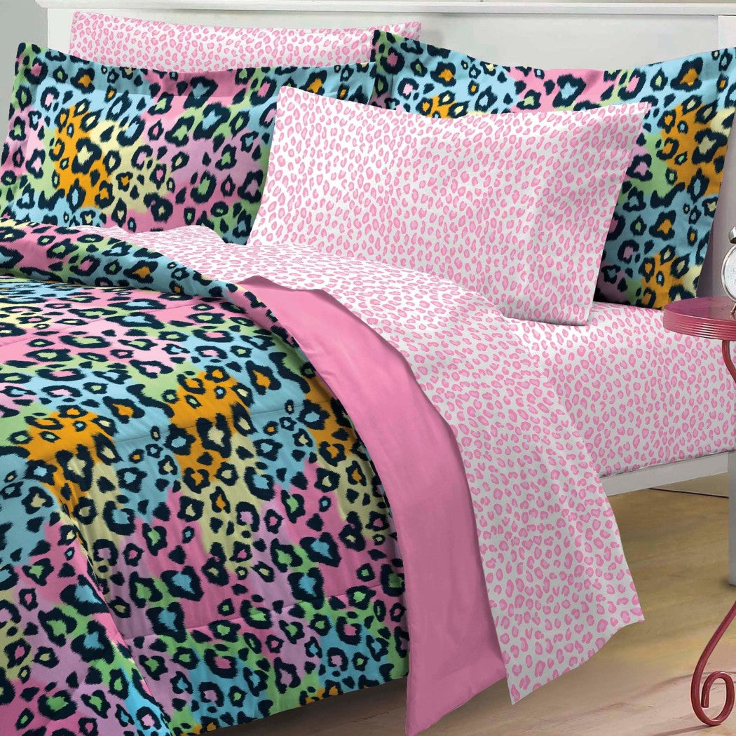 Girls Teen Rainbow Leopard Themed Comforter Set Cheetah Pattern Bedding Cute Neon Animal Black