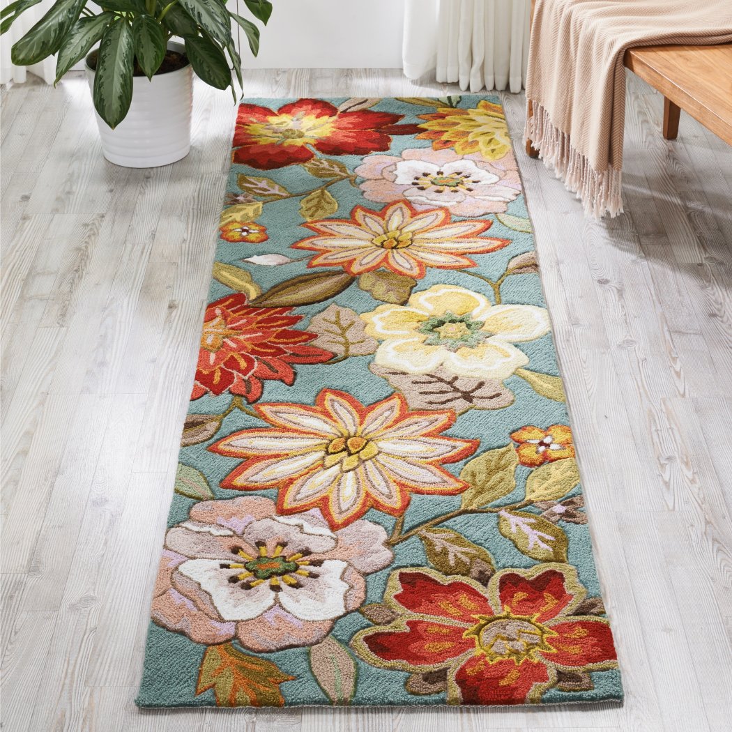 2'3 x 8' Color Flower Aqua Runner Rug Polyester Floral Water