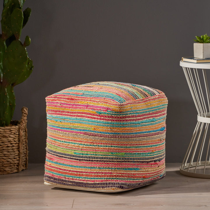 Paisley Boho Jute and Chindi Pouf by Multi Color Striped