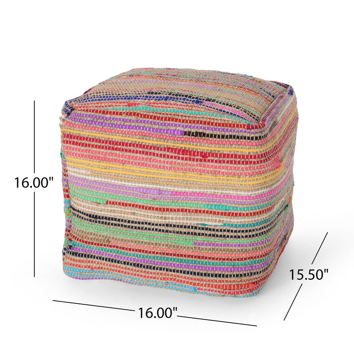 Paisley Boho Jute and Chindi Pouf by Multi Color Striped Modern Contemporary Pattern Square Fabric