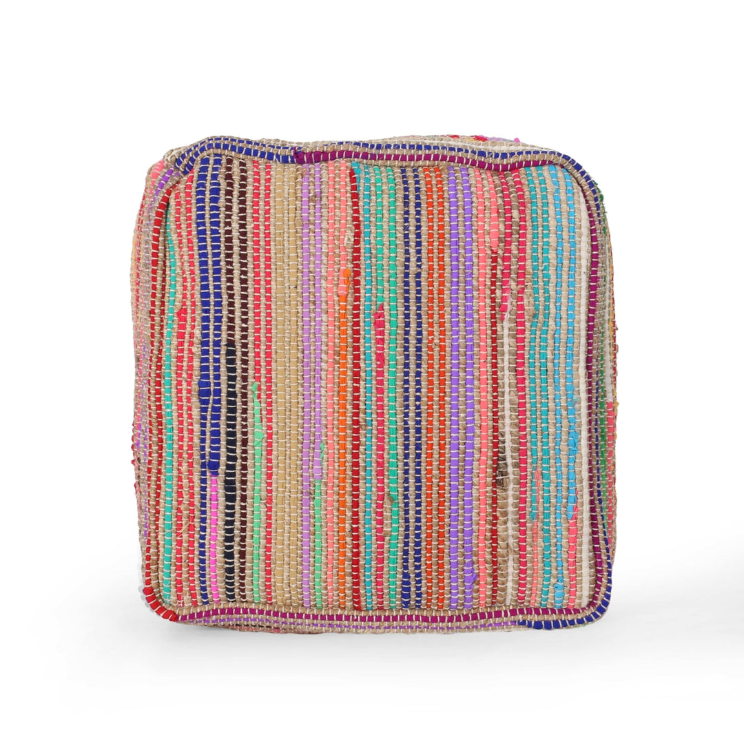 Paisley Boho Jute and Chindi Pouf by Multi Color Striped Modern Contemporary Pattern Square Fabric