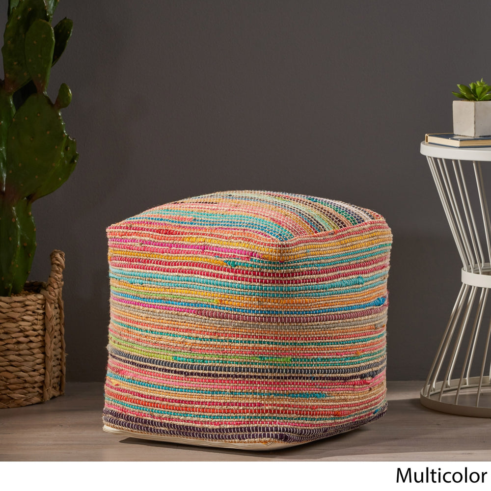 Paisley Boho Jute and Chindi Pouf by Multi Color Striped Modern Contemporary Pattern Square Fabric