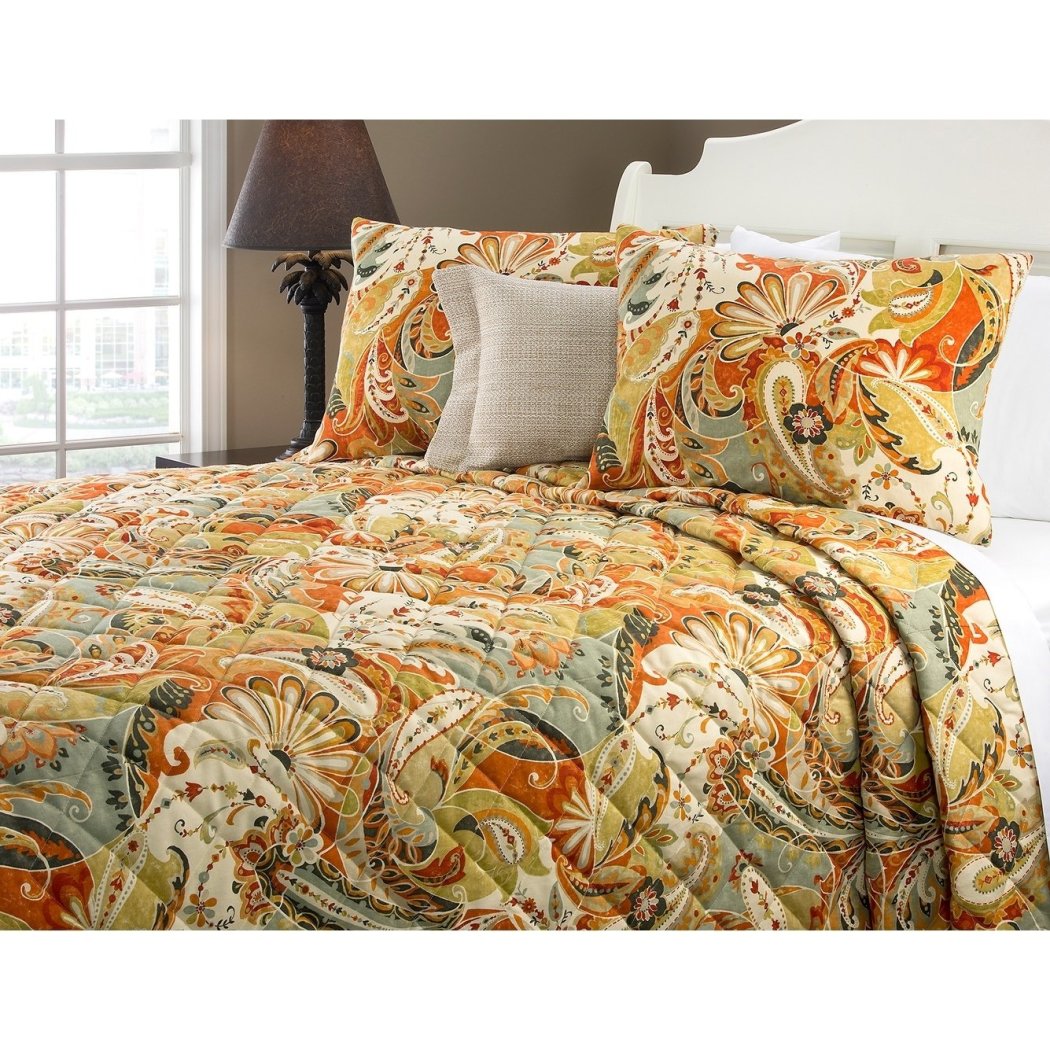 Orange Green Paisley Pattern Quilt Full Queen Set Elegant Multicolored Scroll Motif Floral Design Classic Bohemian Design Bedding Abstract Colors Soft - Diamond Home USA