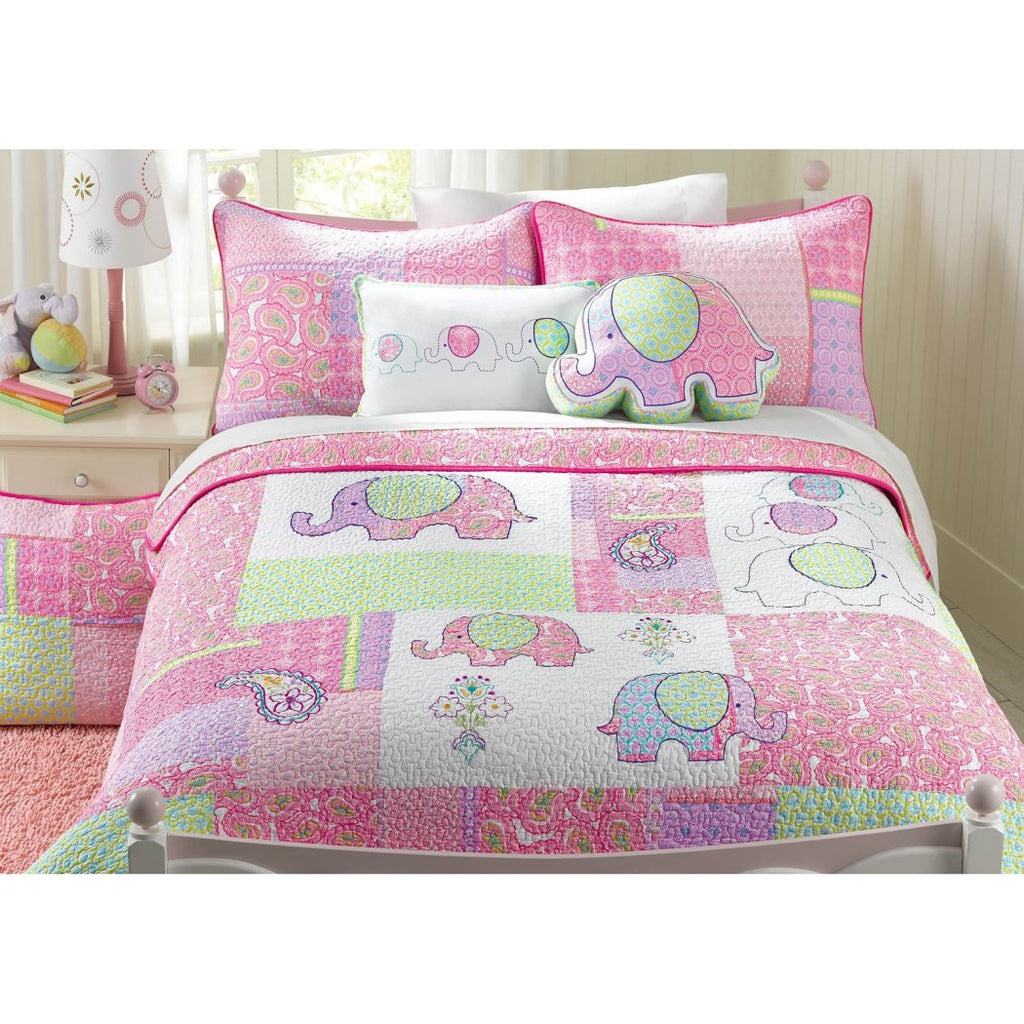 Adorable Quilt Set Elephant Themed Bedding Fun Cute Animal Patchwork Girls Kids Flower Floral Paisley