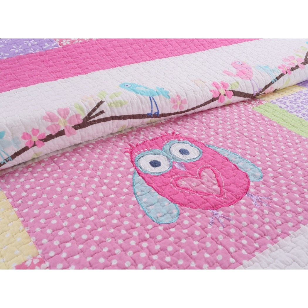 Kids Girls Owl Theme Quilt Set Adorable Animal Bedding Nocturnal Birds Floral Pattern Flowers Horizontal Stripes Dancing