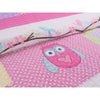 Kids Girls Owl Theme Quilt Set Adorable Animal Bedding Nocturnal Birds Floral Pattern Flowers Horizontal Stripes Dancing