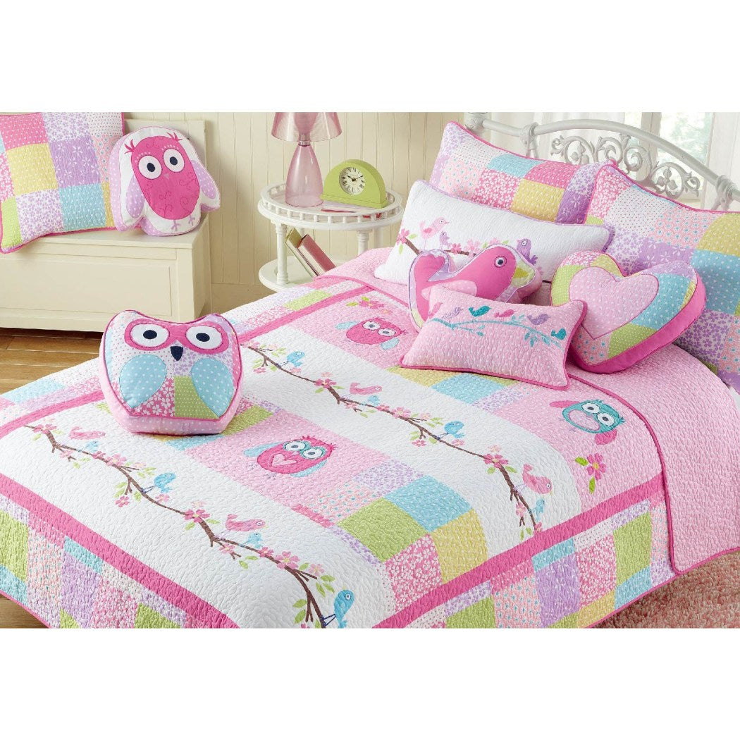 Kids Girls Owl Theme Quilt Set Adorable Animal Bedding