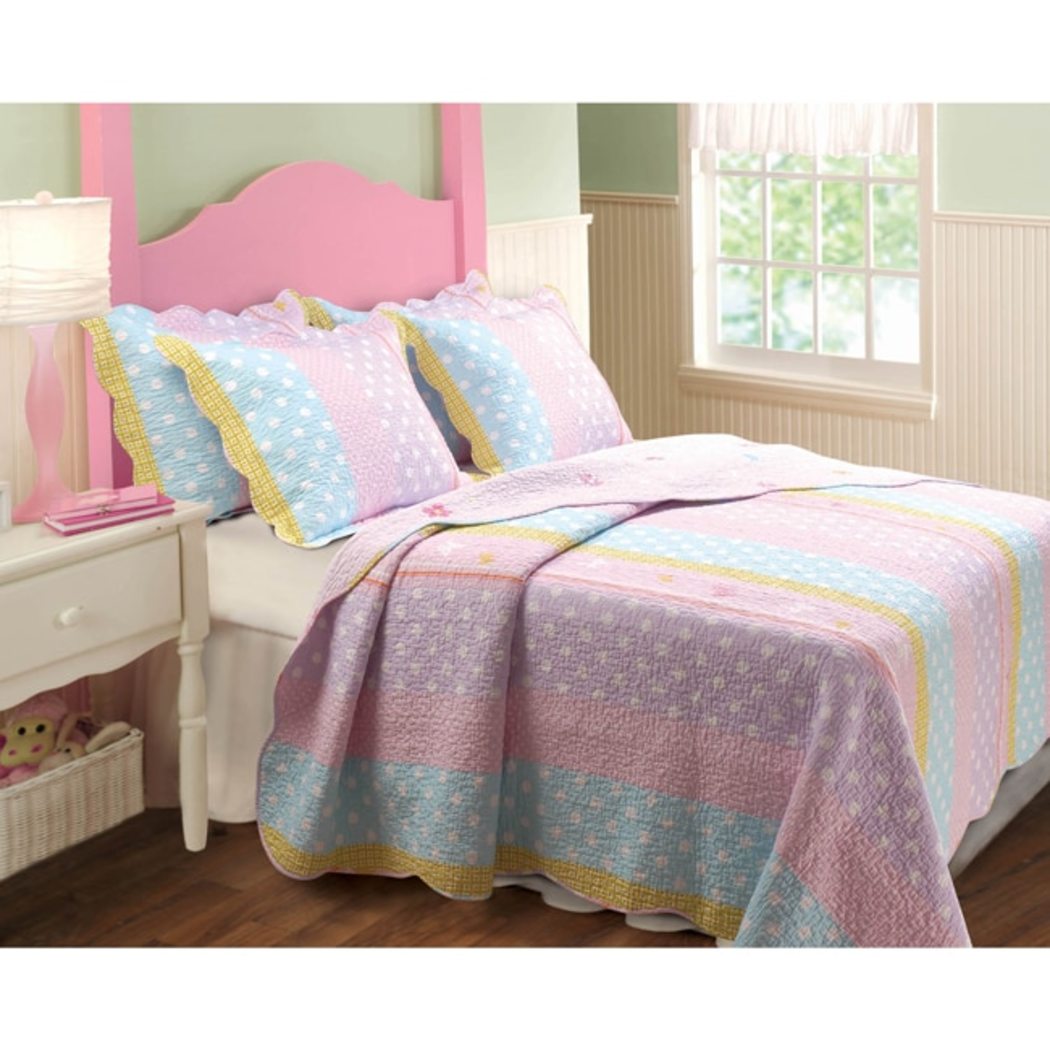 Girls Pastel Butterfly Stripe Quilt Set Pretty Girly Polka