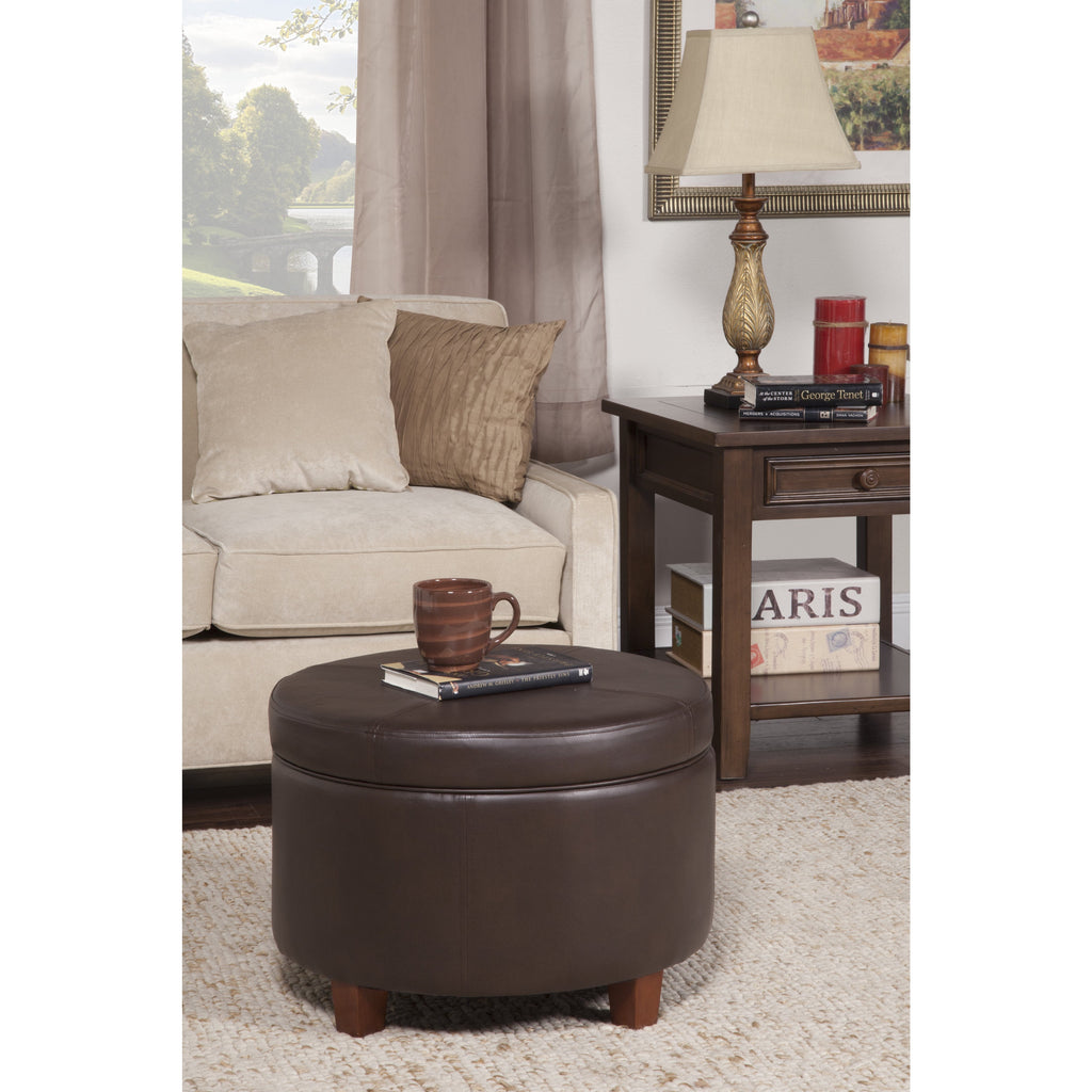Rockwell Chocolate Brown Faux Leather/Foam/Wood Large Round Storage Ottoman Solid Transitional Leather Foam Wood - Diamond Home USA