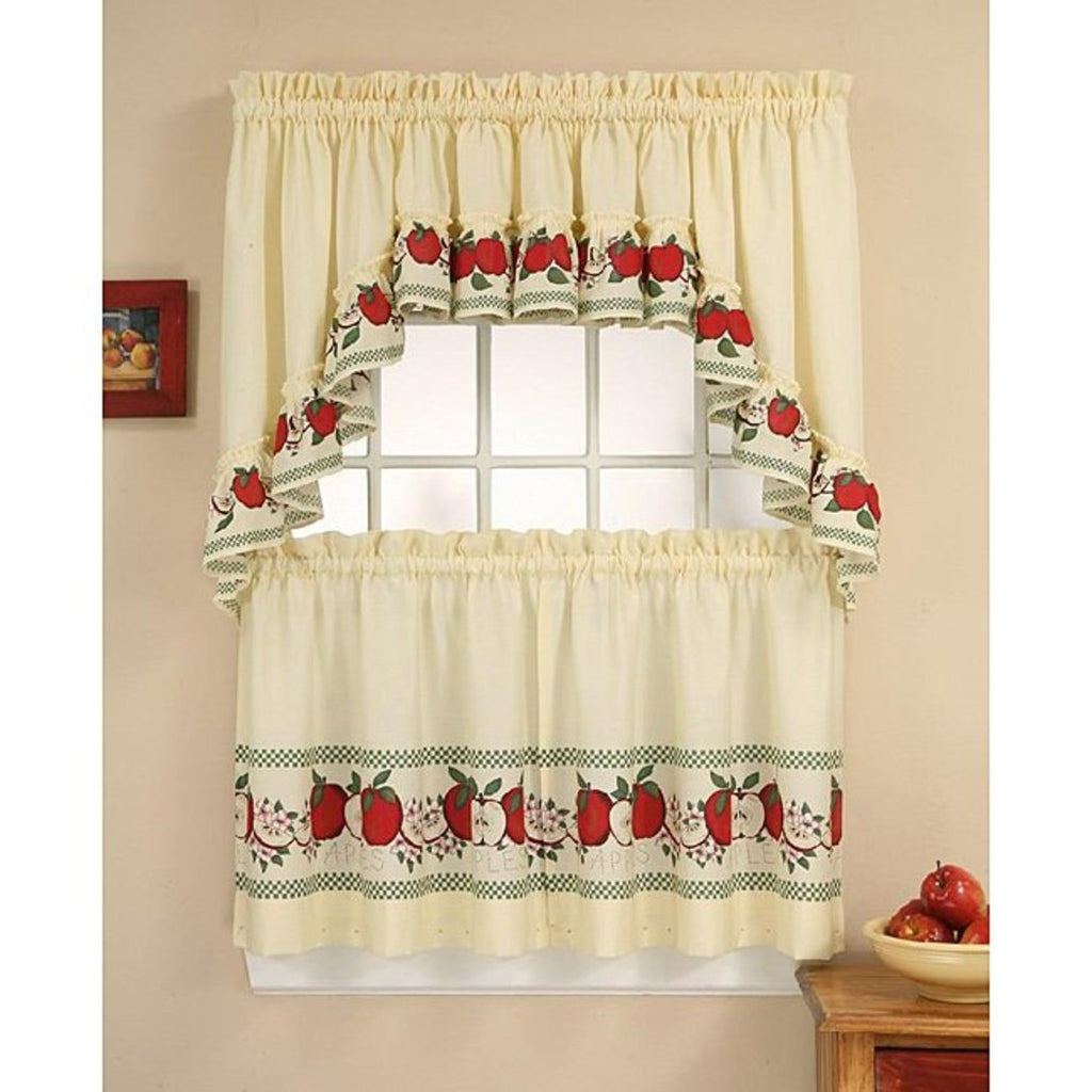 24 Inch Red Color Delicious Apple Curtain Tier & Swag Set White Background Fishtail Nature Pattern Fruits Pink Blossoms Green Leaves Antique Vintage - Diamond Home USA