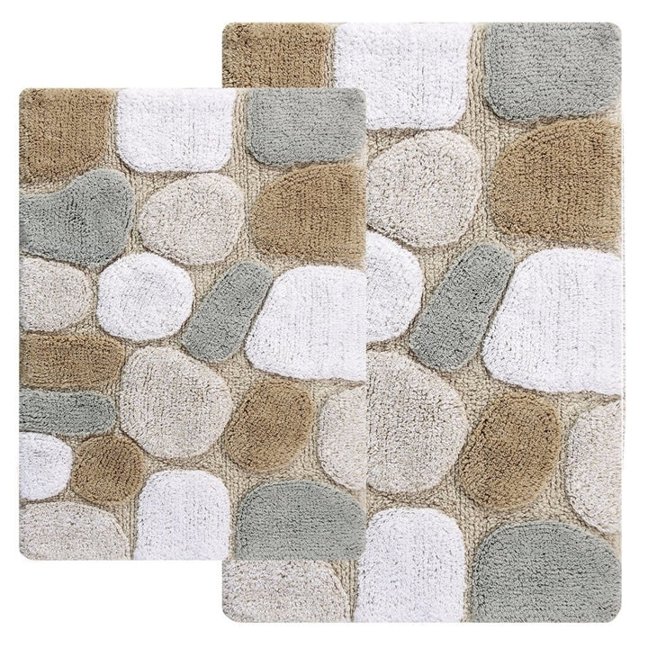 Marine Pebble Theme Bath Rug Set Design Nature Cobble Circle Oval Rock Pattern Bathroom Mat Non Skid Latex Contemporary