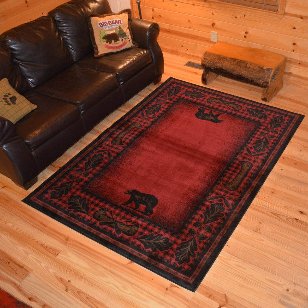 5'3 x 7'3 Red Black Southwest Animal Area Rug Rustic Southwestern Lodge Cabin Cottage Theme Leaf Carpet Canoe Branches Nature Forest Woods Hunting - Diamond Home USA