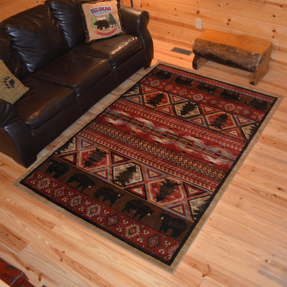 5'3 x 7'3 Red Black Southwest Animal Area Rug Rustic Southwestern Lodge Cabin Cottage Theme Leaf Carpet Tribal Branch Nature Forest Woods Hunting Bear - Diamond Home USA
