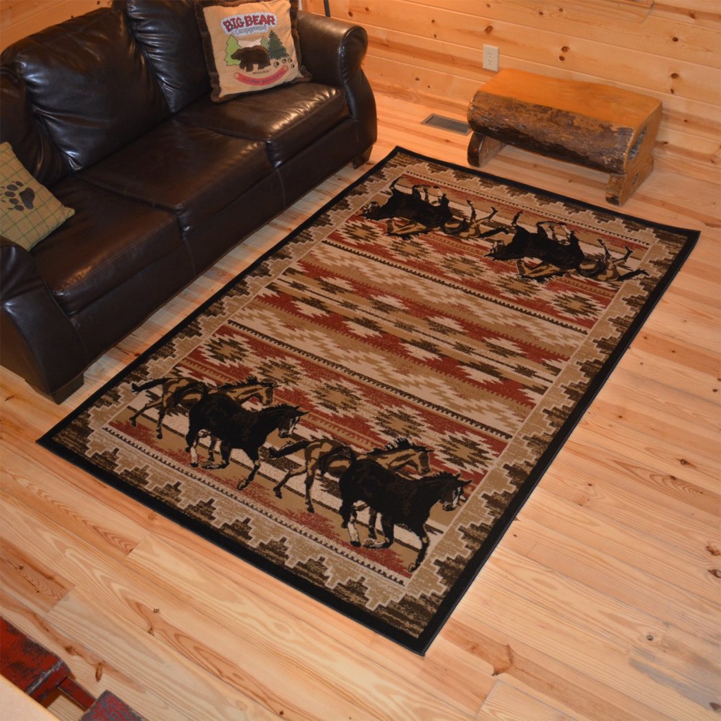 5'3x7'7 Red Black Rustic Cabin Horse Area Rug Rectangle