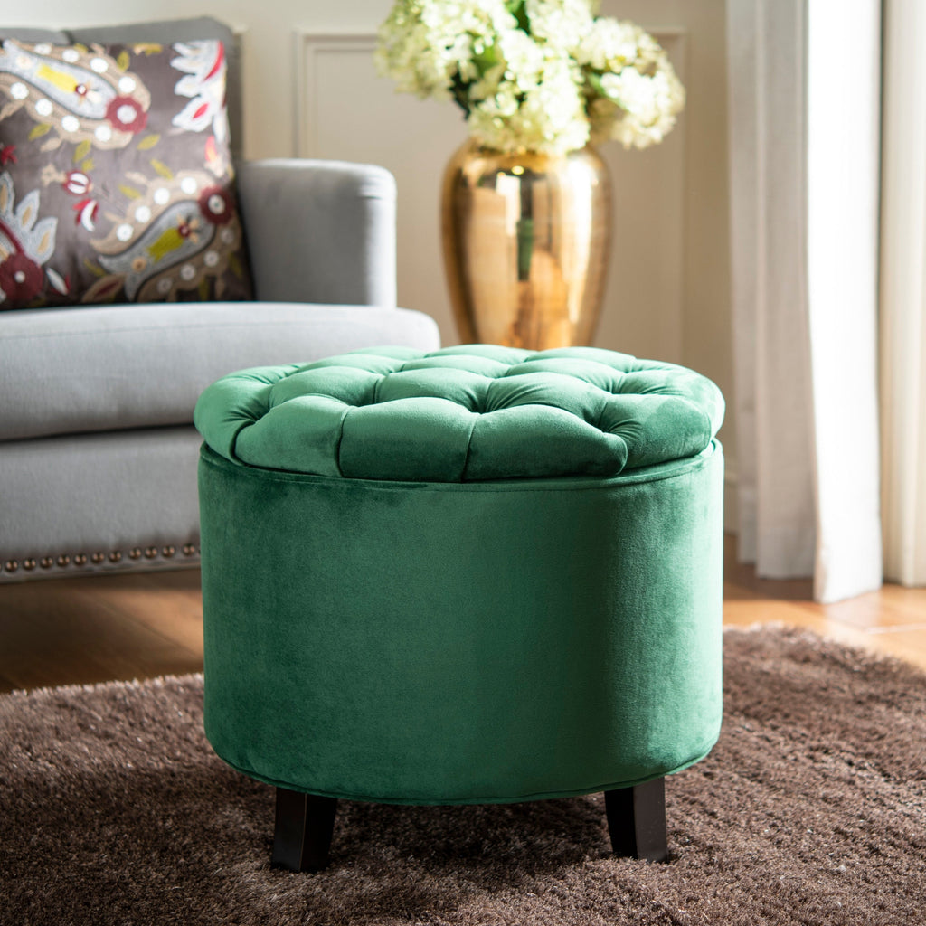 Amelia Emerald Tufted Storage Ottoman Green French Country Shabby Chic Solid Round Oak Upholstered Velvet - Diamond Home USA