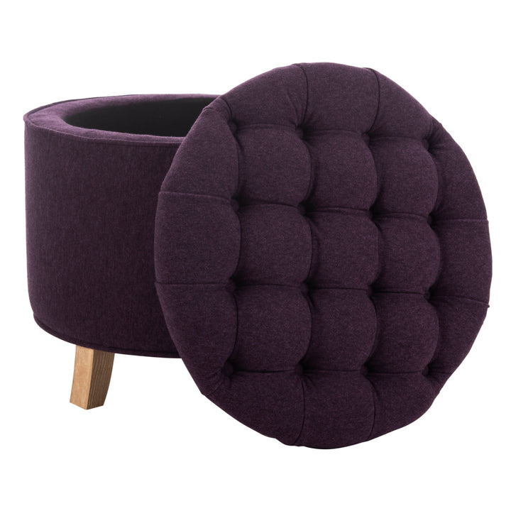 Amelia Plum Polyester Tufted Storage Ottoman Purple French Country Shabby Chic Solid Round Oak Upholstered