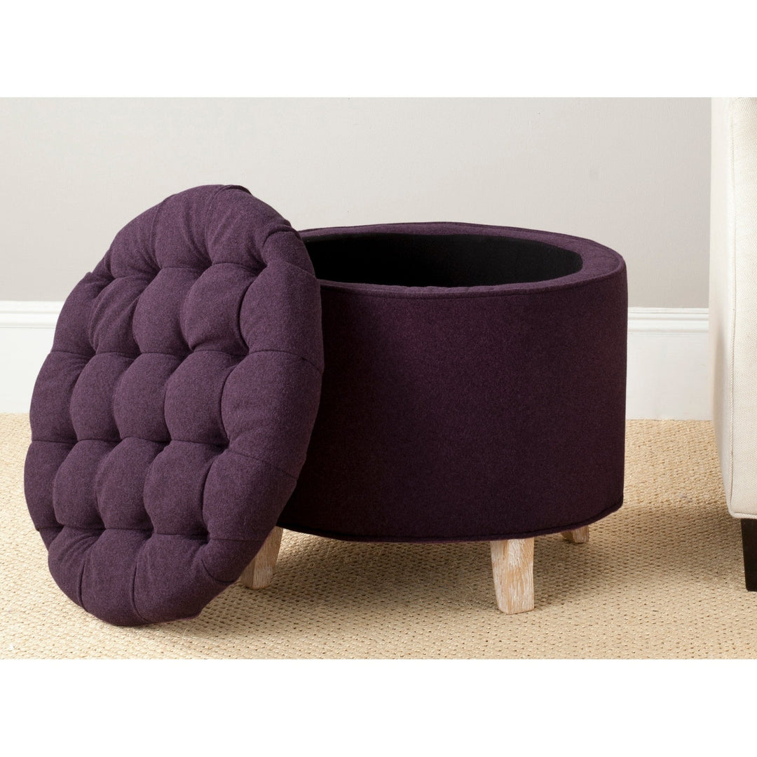 Amelia Plum Polyester Tufted Storage Ottoman Purple French Country Shabby Chic Solid Round Oak Upholstered