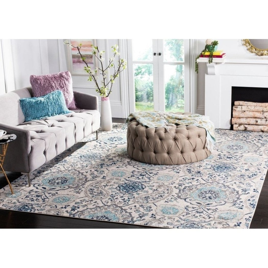4'x6'ft Cream Light Grey Off White Teal Bohemian Area Rug Indoor Mandala Oriental Living Room Mat Rectangle Carpet Classic Transitional Crafted From - Diamond Home USA