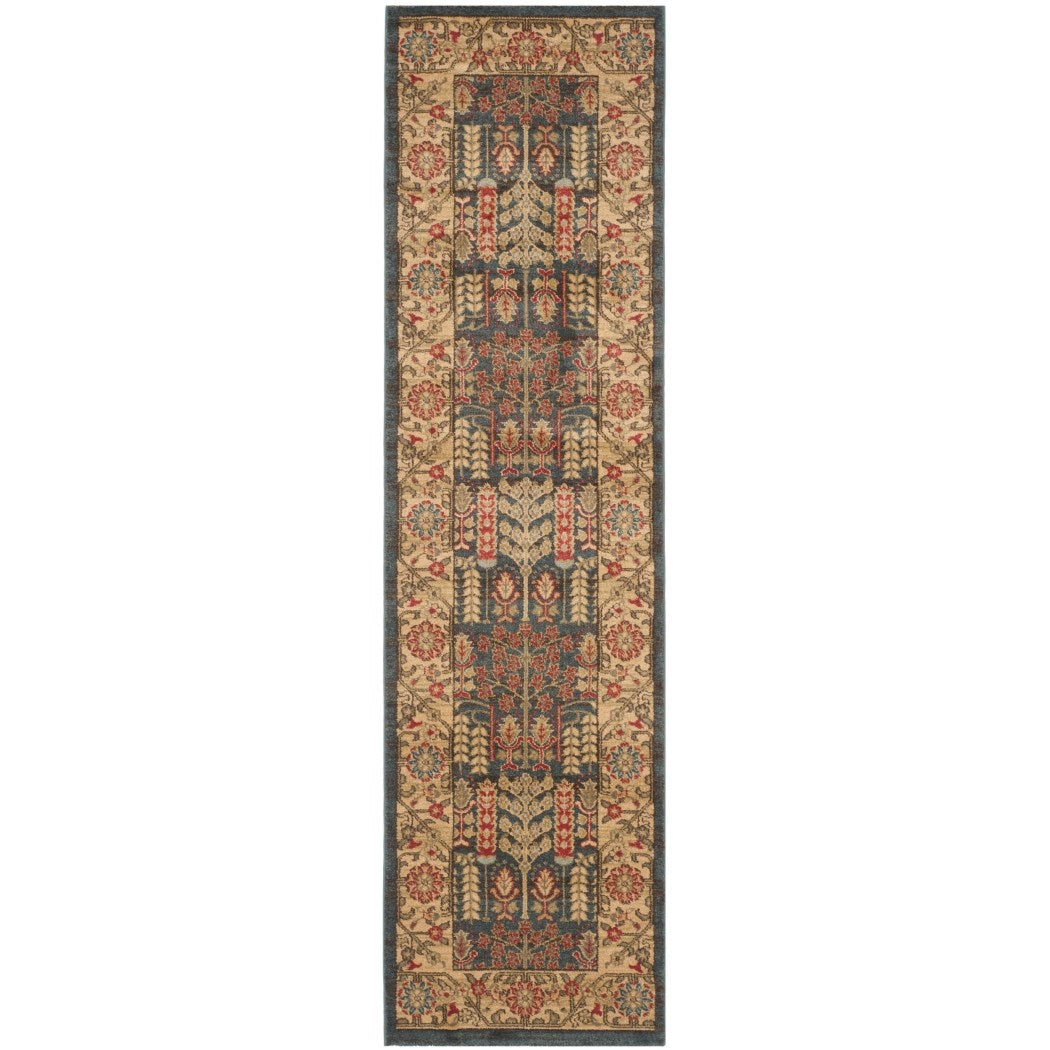 2'2 x 8' Navy Blue Red Floral Pattern Runner Rug Rectangle Indoor Beige Grey Oriental Theme Hallway Carpet Luxurious Flowers Patterned Entryway Living