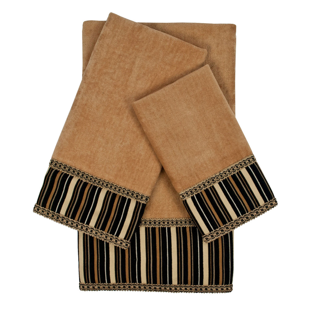 Crandon Stripes Nugget Decorative Embellished Towel Set Gold Border Solid Color Cotton Microfiber - Diamond Home USA