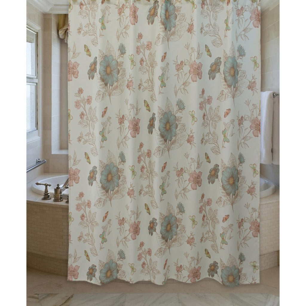 Light Pink Blue Graphical Nature Themed Shower Curtain Polyester Lightweight Detailed Spring Flowers Printed Abstract Floral Pattern Classic Elegant - Diamond Home USA