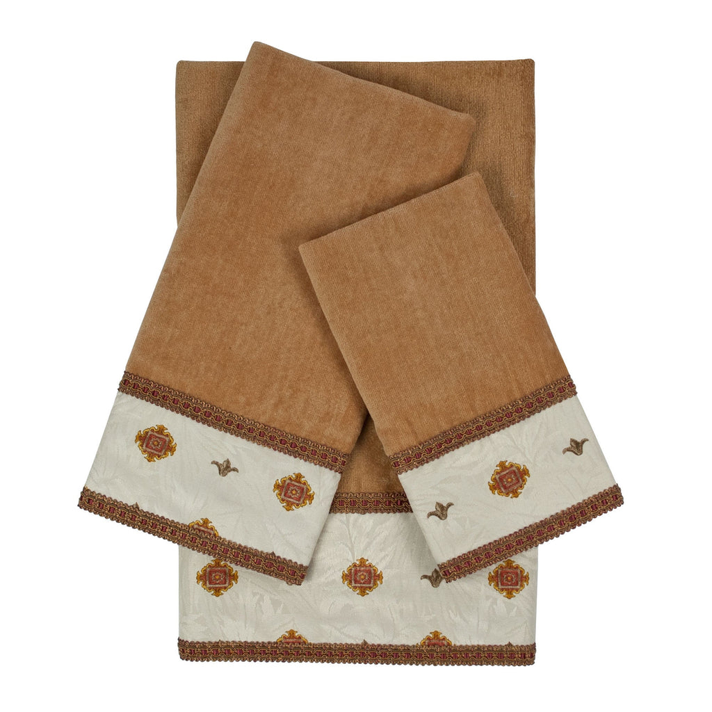 Halifax Nugget Decorative Embellished Towel Set Brown Border Solid Color Cotton Microfiber - Diamond Home USA