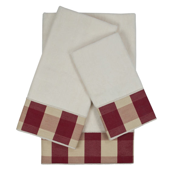 Holbrook Checkered Cord Red Decorative Embellished Towel Set Off-white Border Check Solid Color Cotton Microfiber - Diamond Home USA