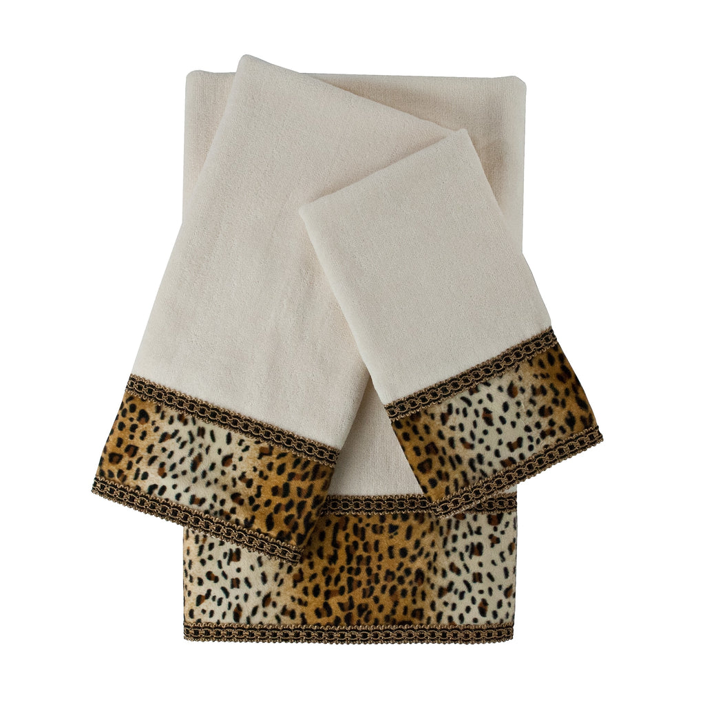 Panthera Ecru 3-piece Embellished Towel Set Off-white Animal Print Border Cotton Microfiber - Diamond Home USA