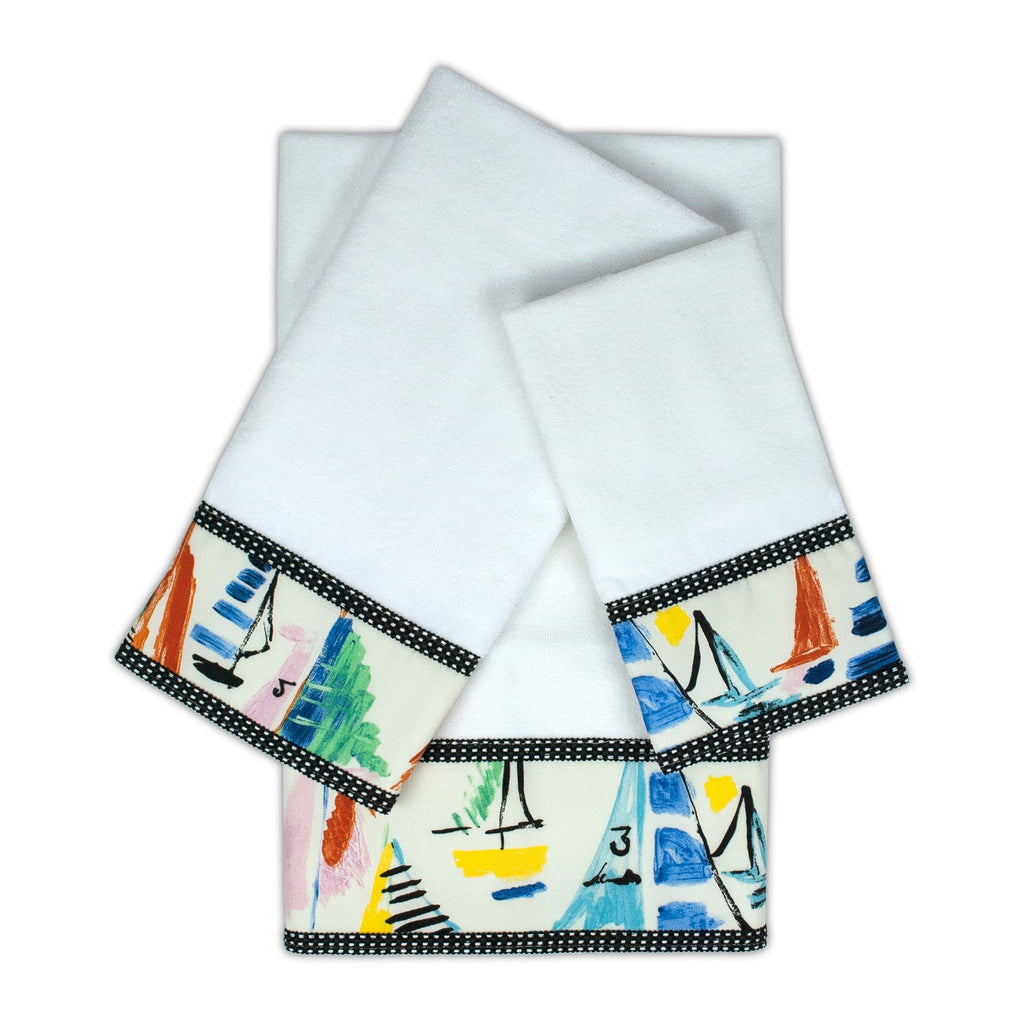 Sailboat White 3-piece Embellished Towel Set Blue Orange Graphic Print Cotton - Diamond Home USA