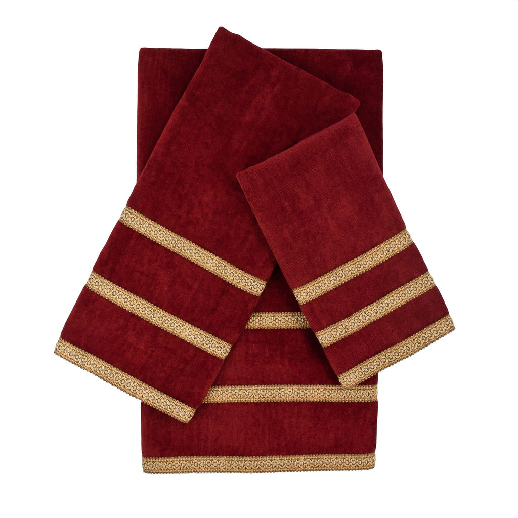 Triple Row Gimp Red 3-piece Decorative Embellished Towel Set Gold Border Cotton Microfiber - Diamond Home USA