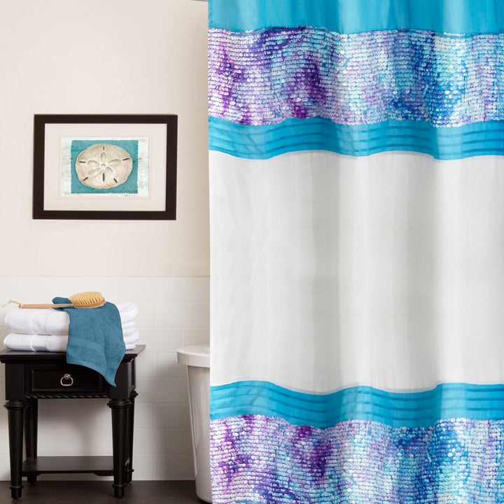 Shimmering Aqua Seashell Shower Curtain and Hooks Set or