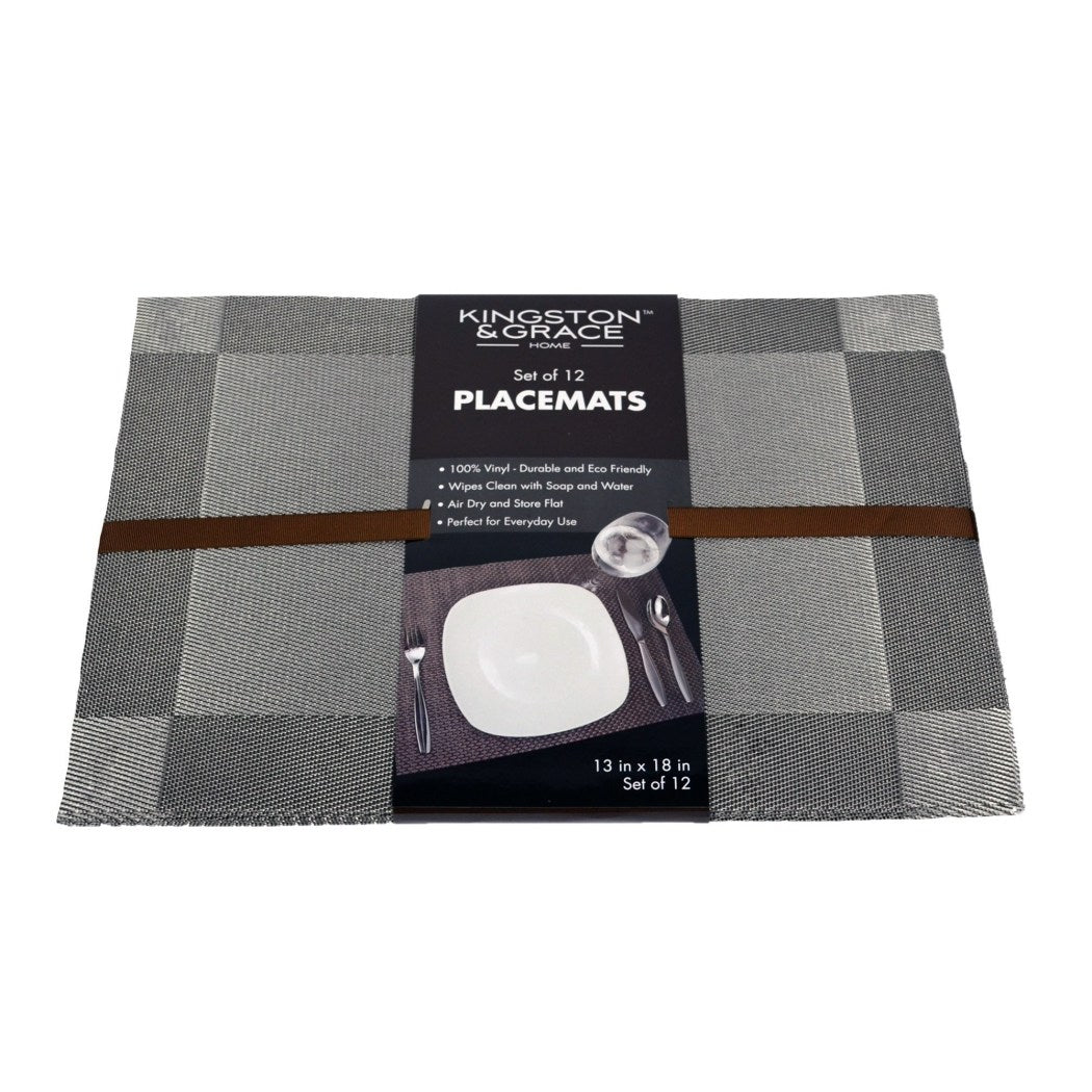 Set 12 13 x 18 Silver Grey Plaid Kitchen Placemat Gray Rectangle Frame Cabin Lodge Theme Place Mat Stain Water Resistant Checked Pattern Placemats - Diamond Home USA